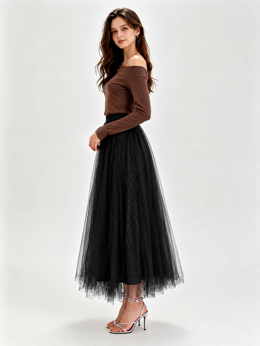 Glitter Mesh Tulle Midi Skirt with Elasticated Waistband