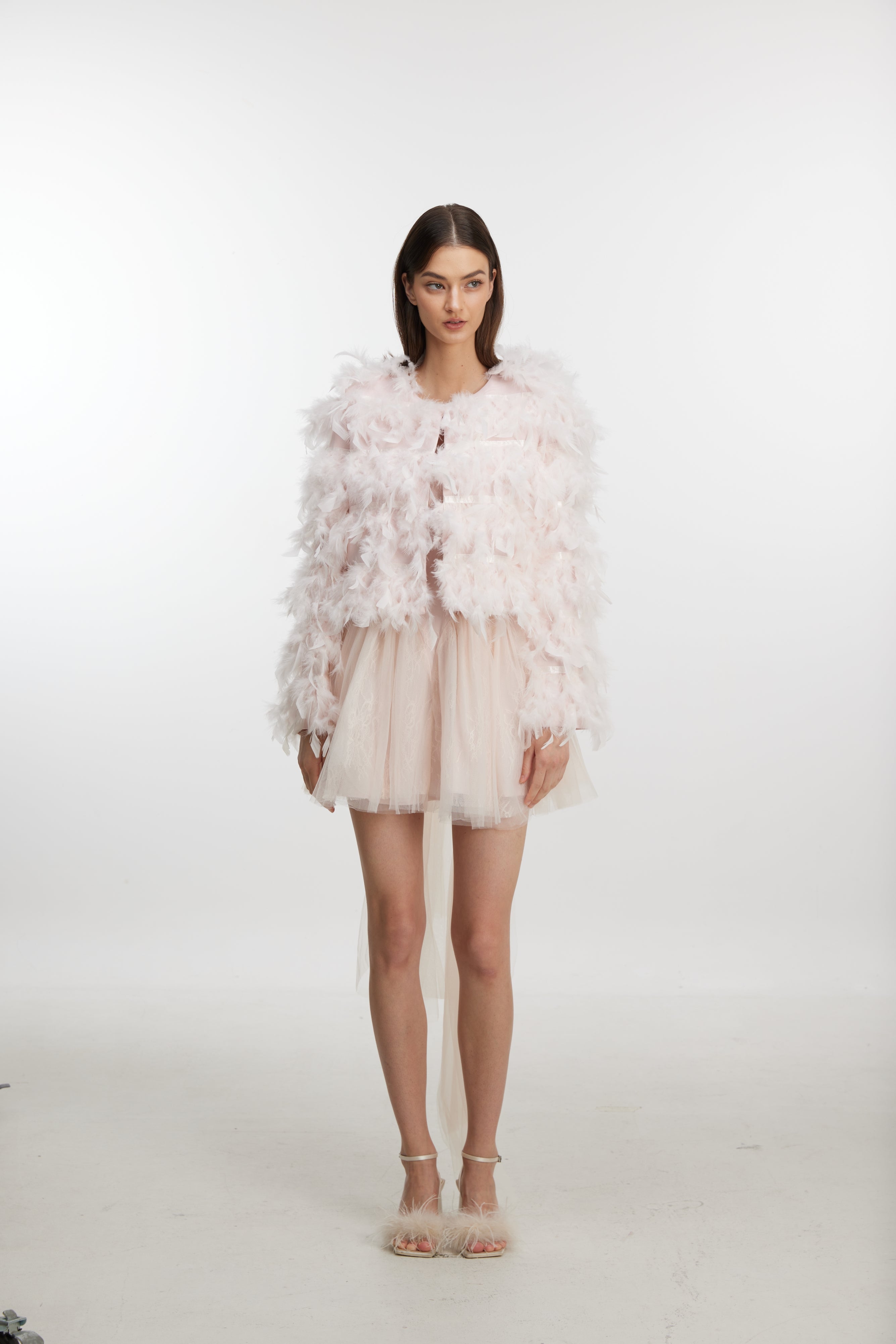 Pink feather trim short jacket