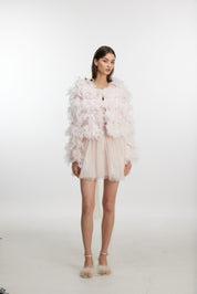 Pink feather trim short jacket