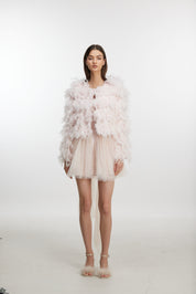 Pink feather trim short jacket