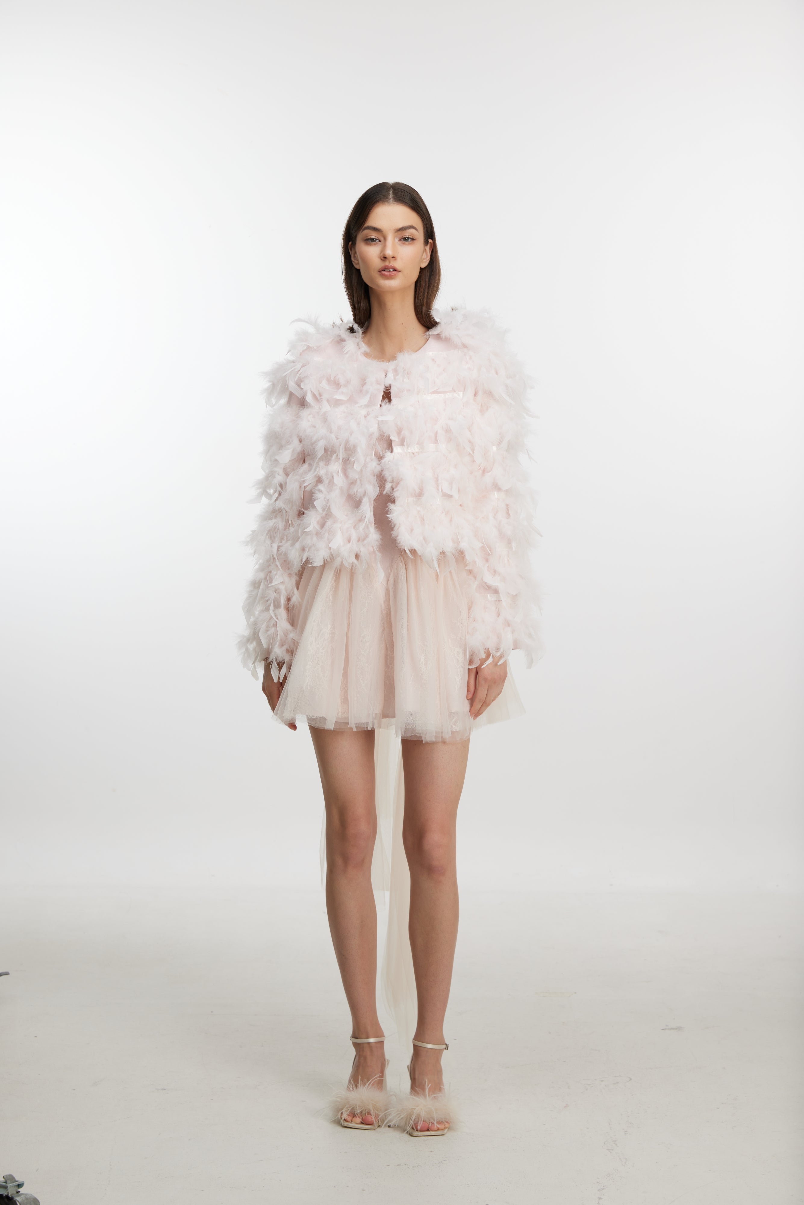 Pink feather trim short jacket