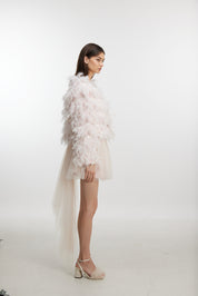 Pink feather trim short jacket