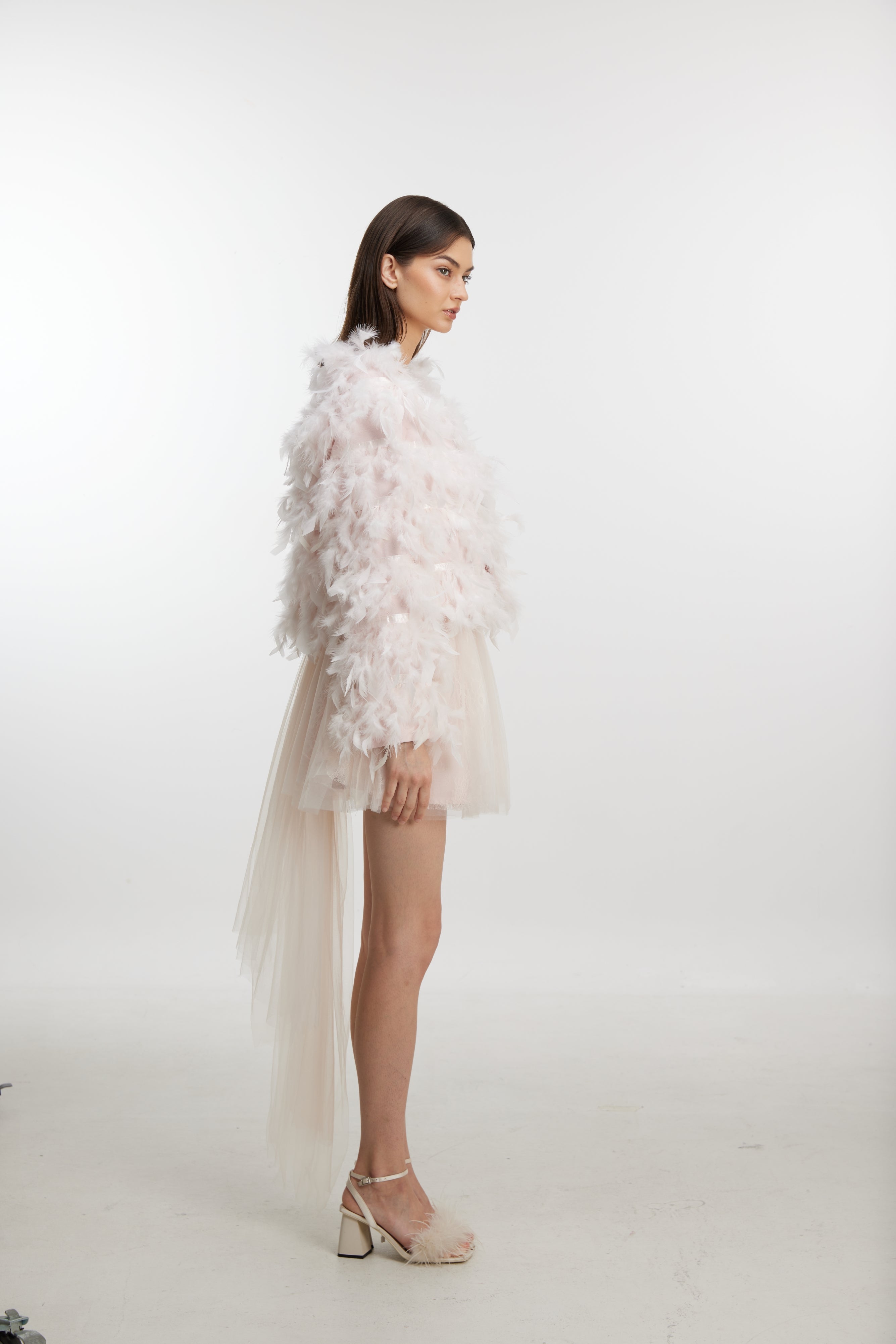 Pink feather trim short jacket