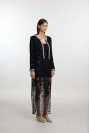 Black beaded lace trim long coat