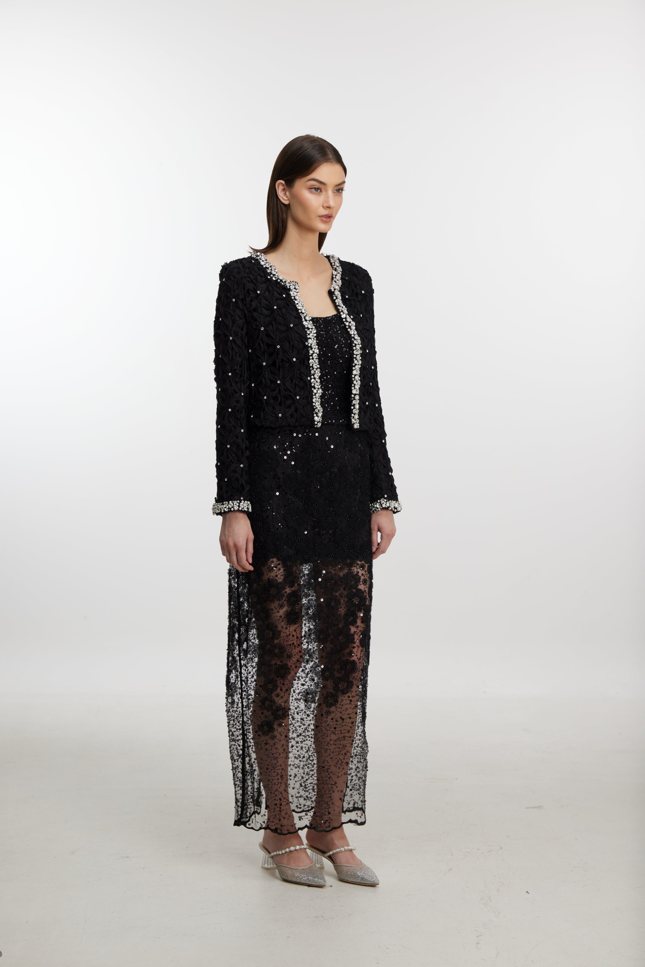Black beaded lace trim long coat