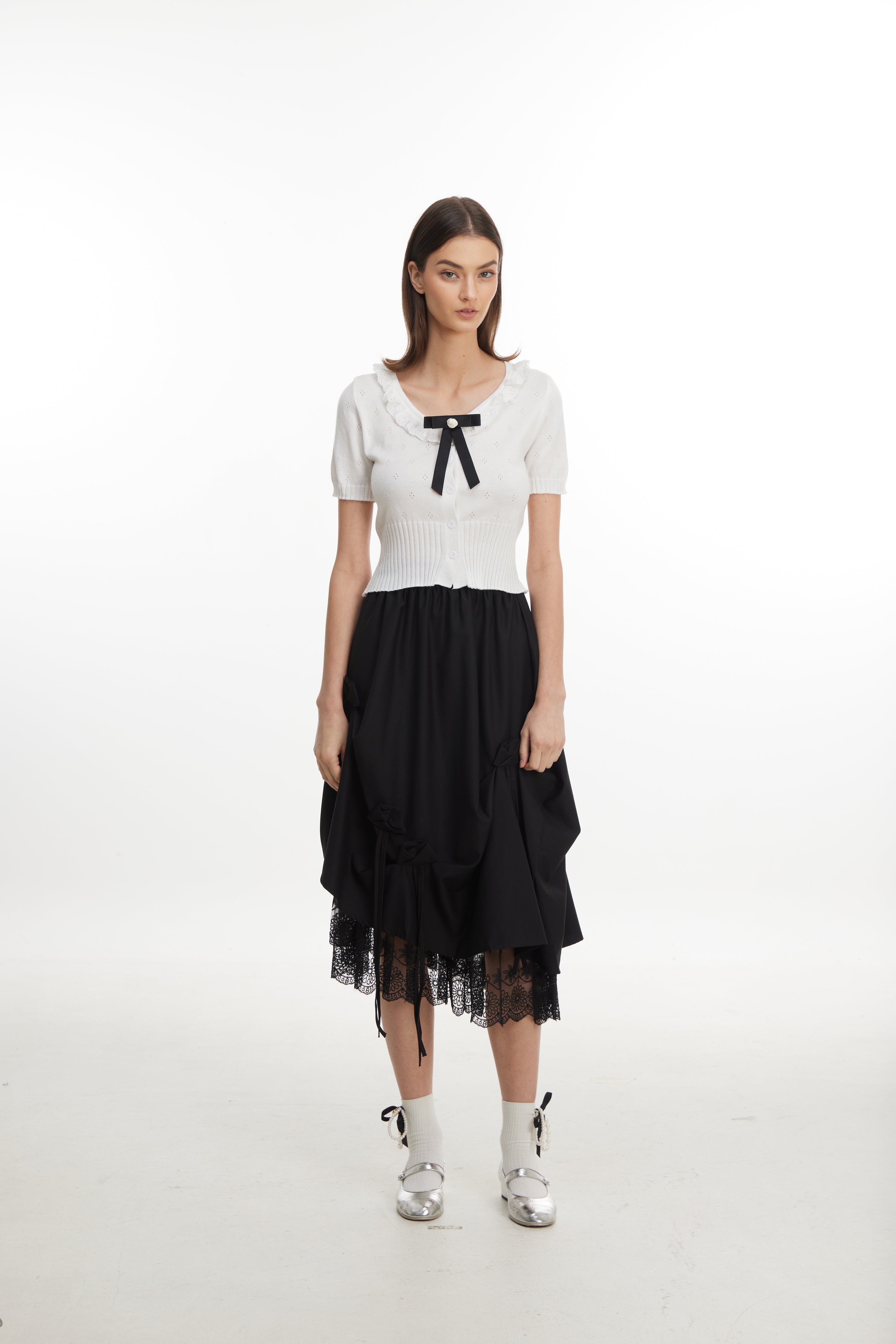 Ruched Midi Skirt with Lace Hem