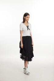Ruched Midi Skirt with Lace Hem
