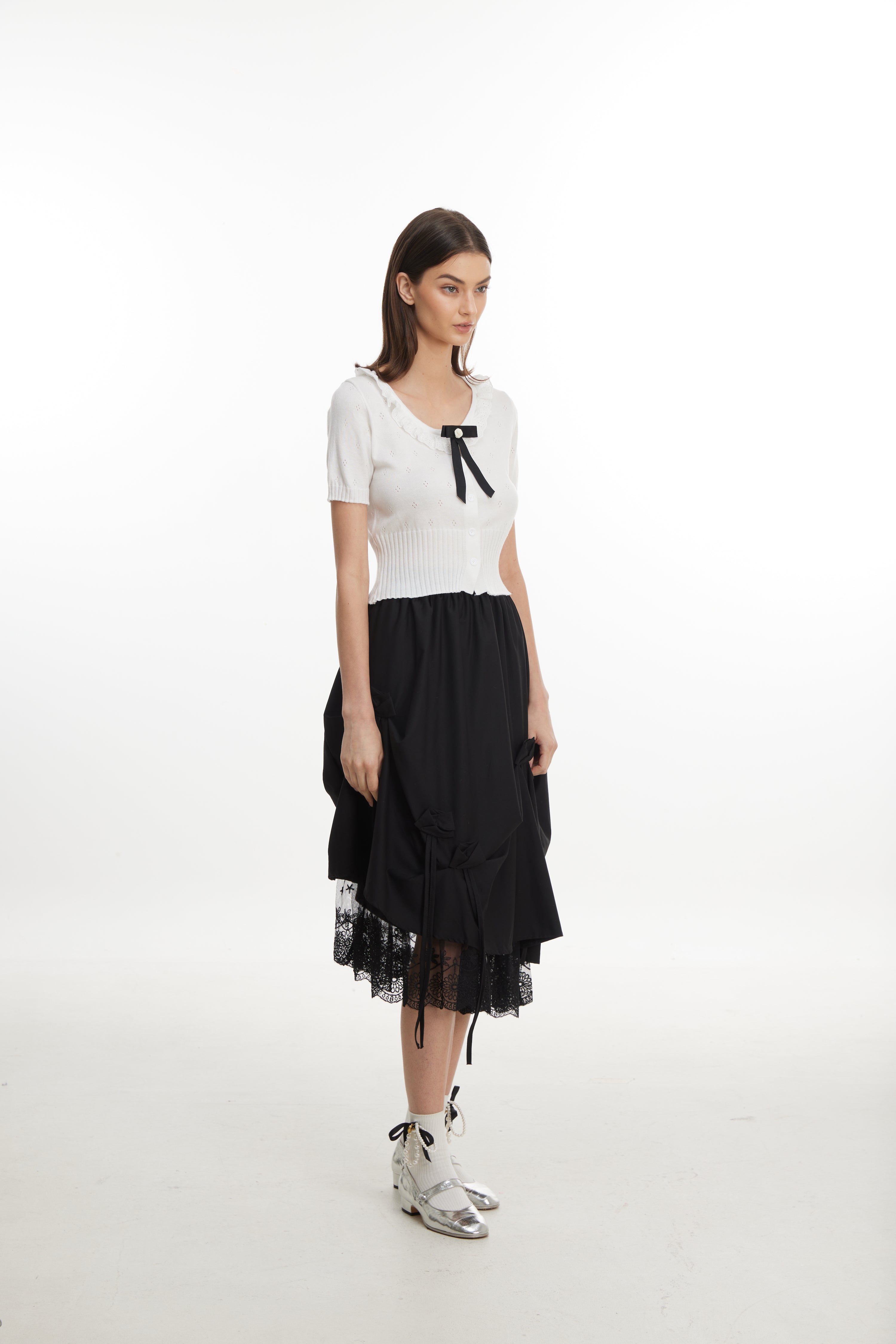 Ruched Midi Skirt with Lace Hem
