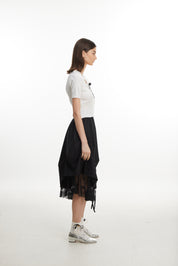 Ruched Midi Skirt with Lace Hem