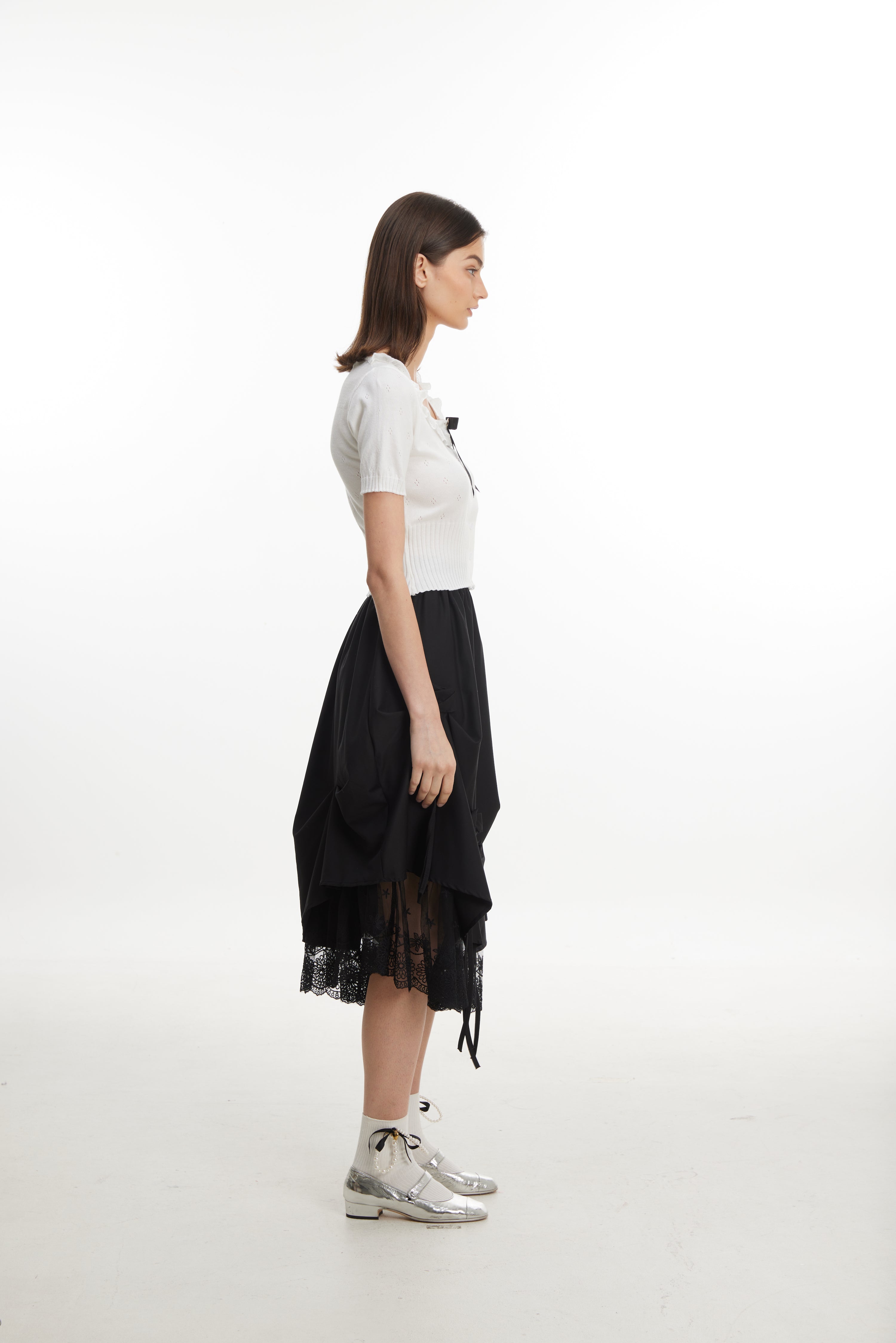 Ruched Midi Skirt with Lace Hem
