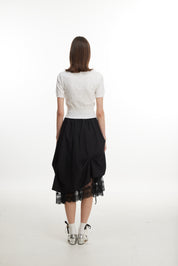 Ruched Midi Skirt with Lace Hem