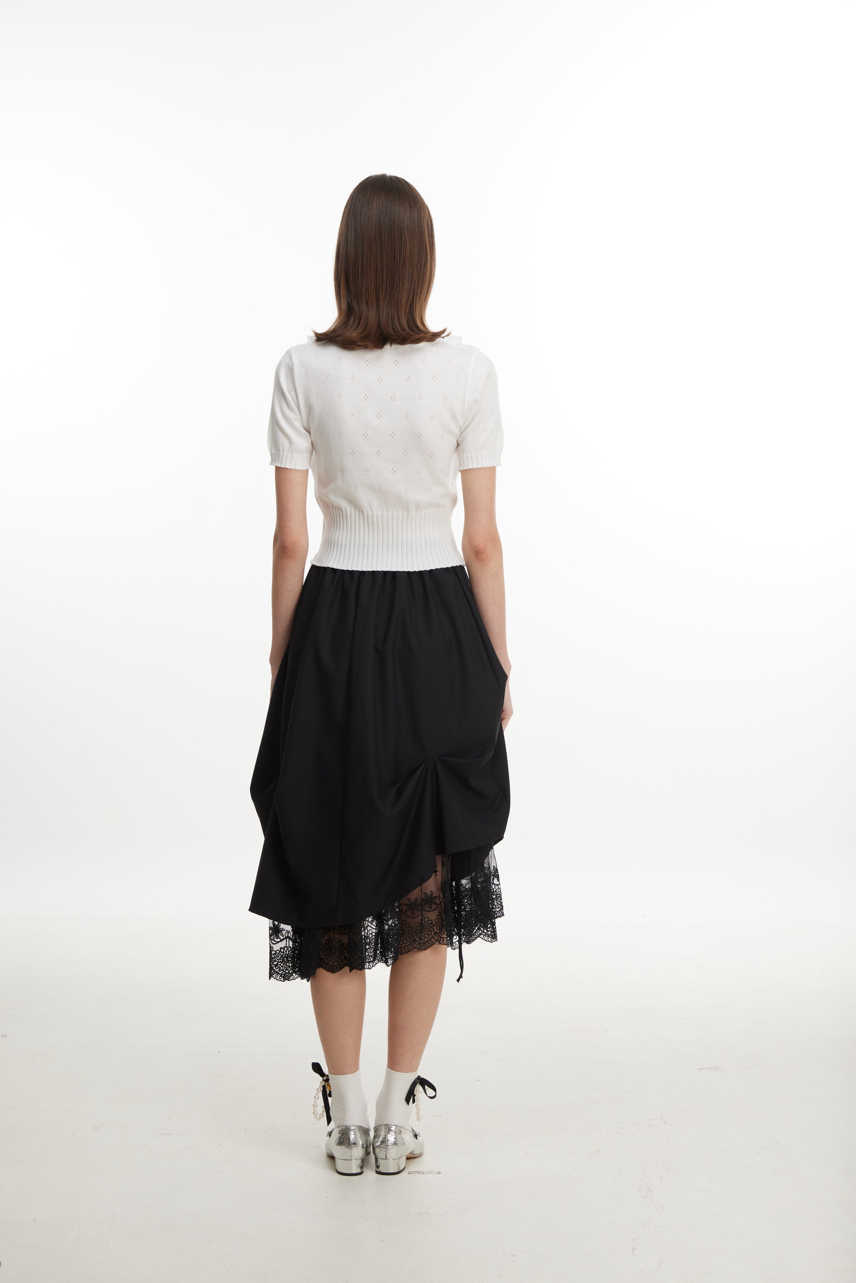 Ruched Midi Skirt with Lace Hem