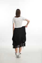 Ruched Midi Skirt with Lace Hem