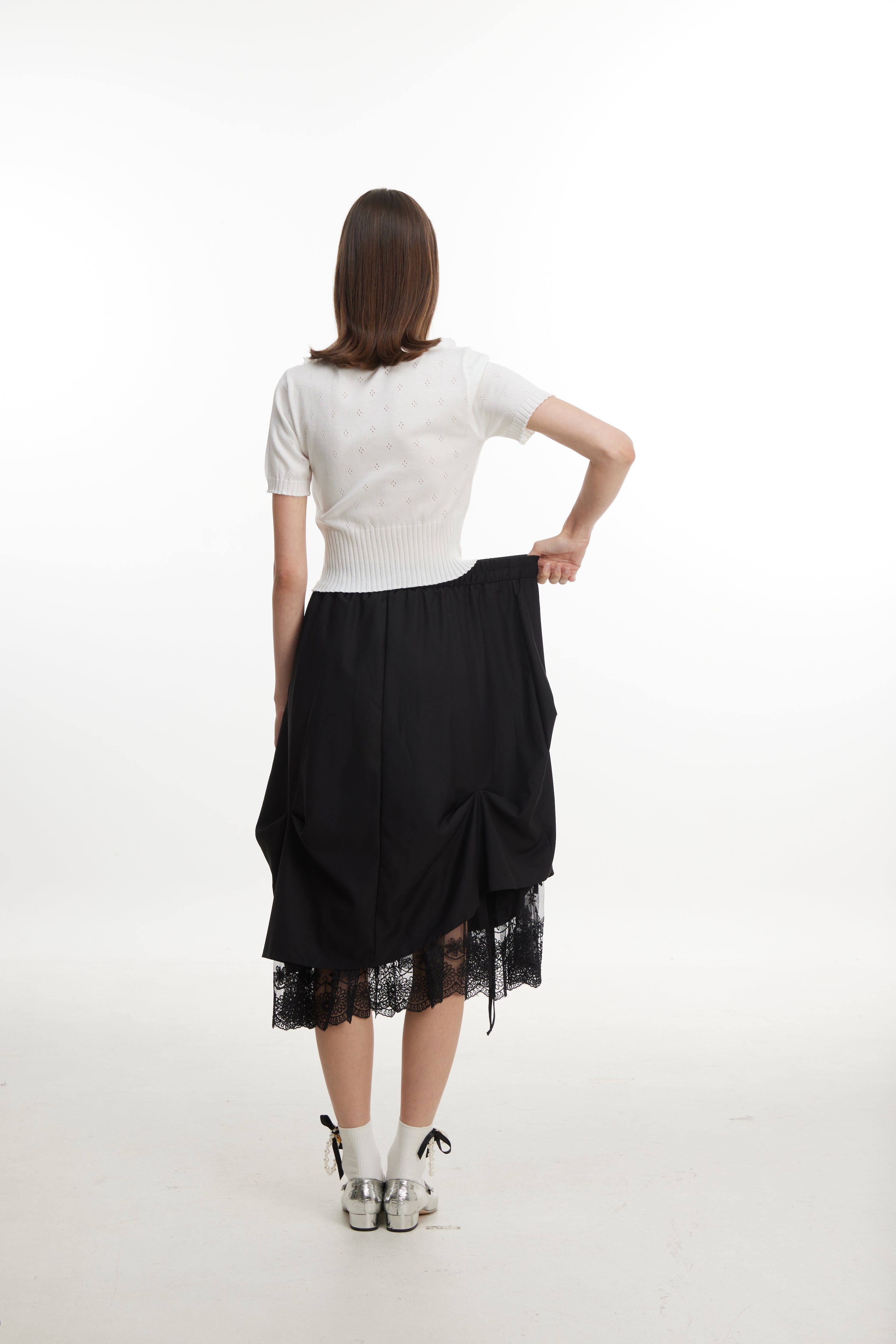 Ruched Midi Skirt with Lace Hem