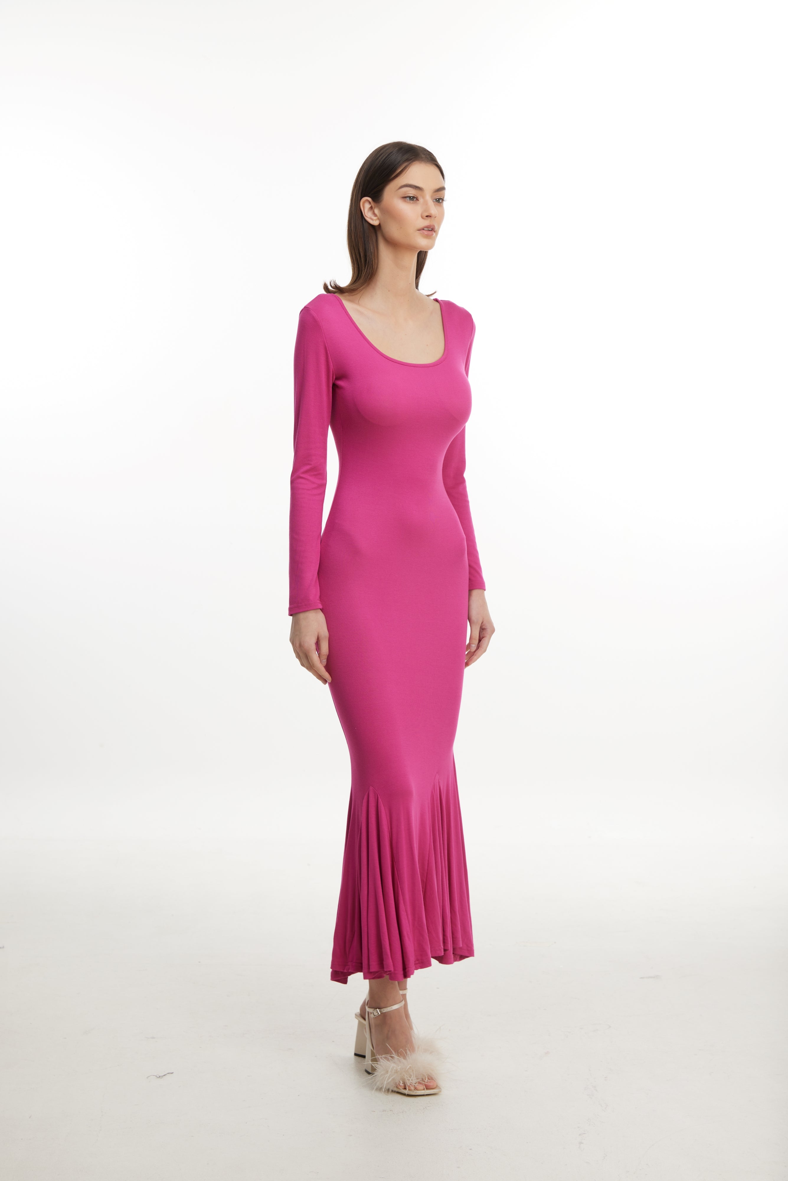 Pink flare hem long sleeve dress