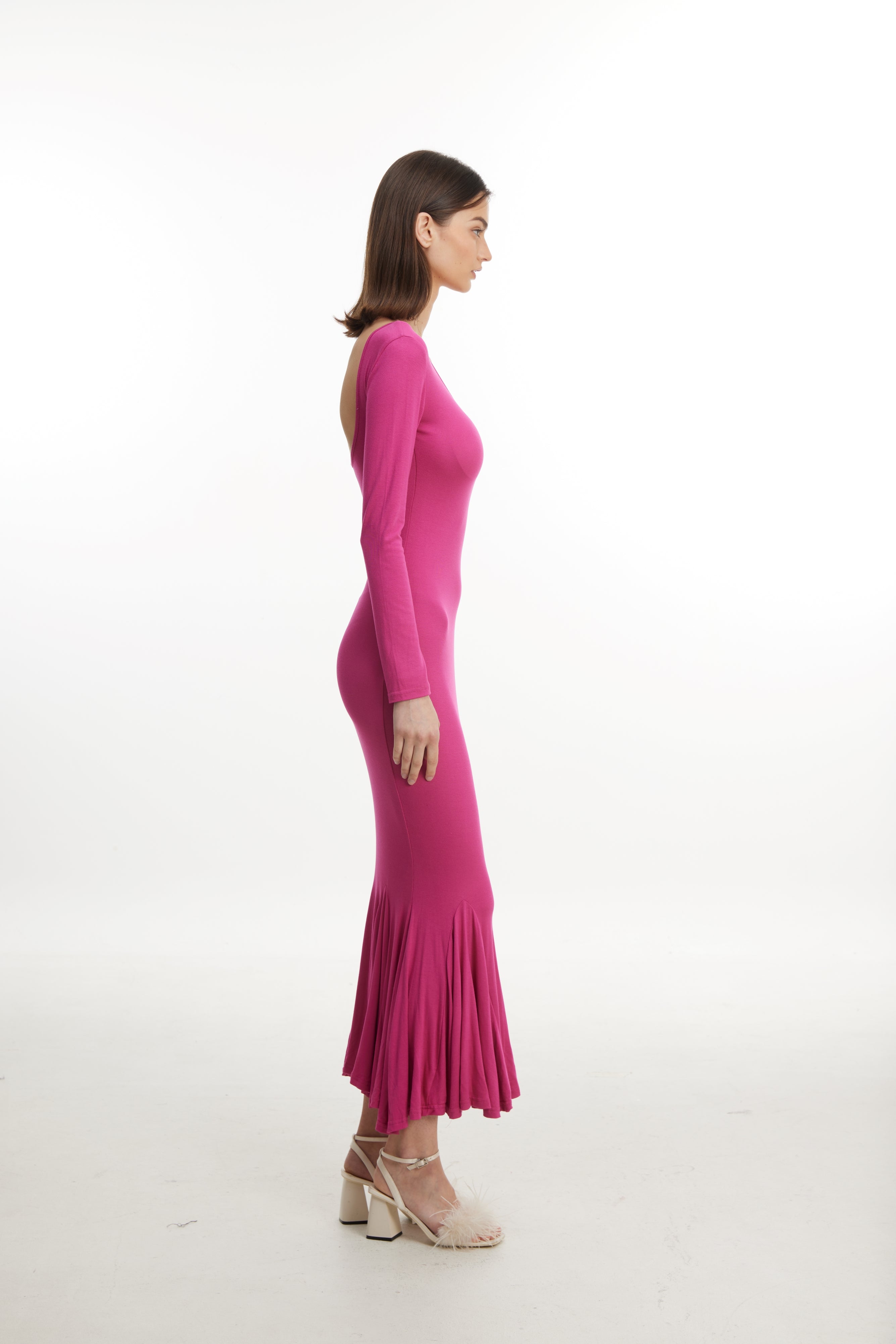Pink flare hem long sleeve dress