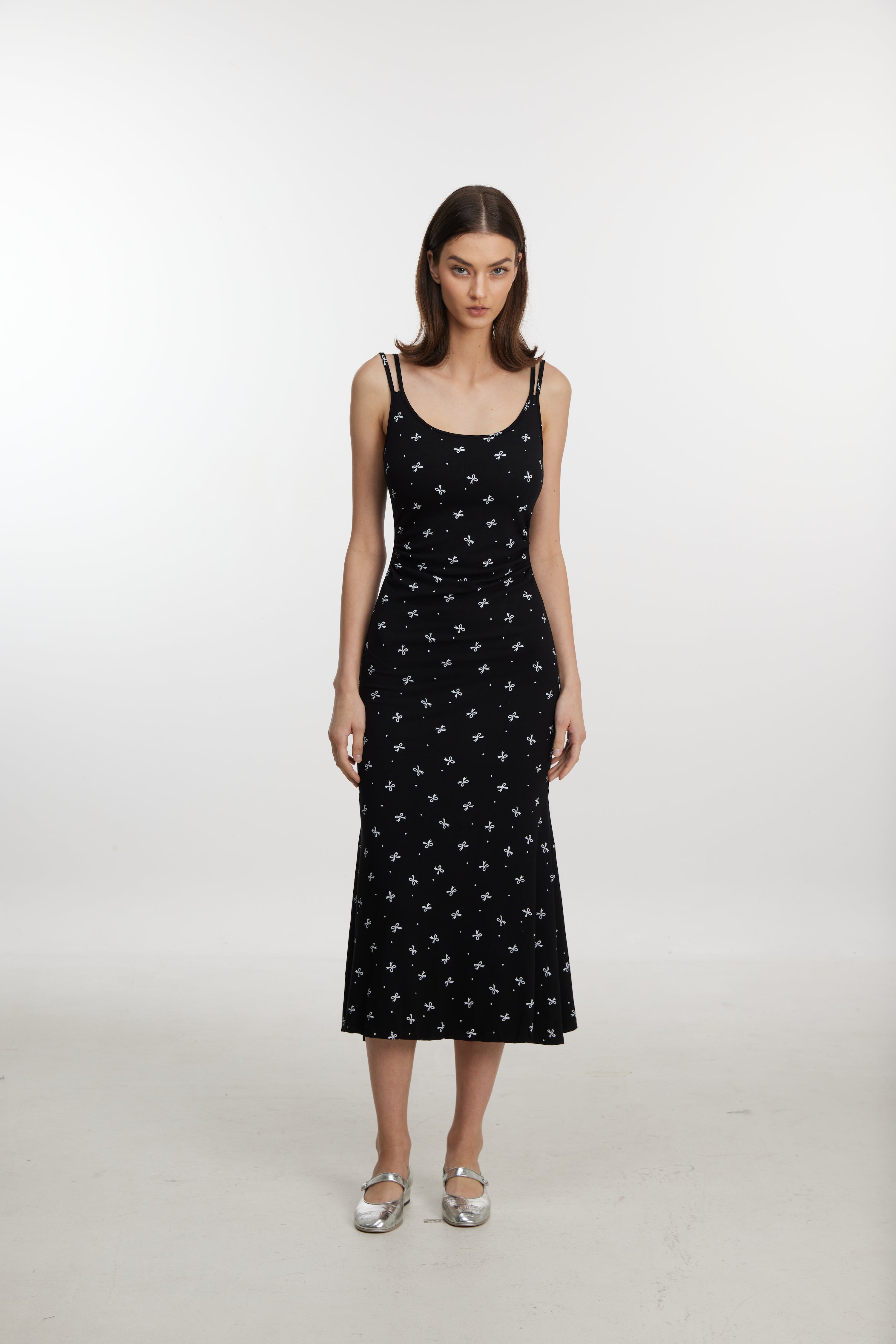 Bow Print Black Midi Dress