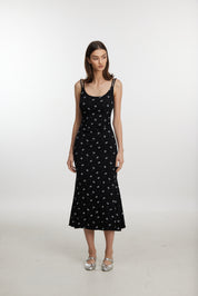 Bow Print Black Midi Dress