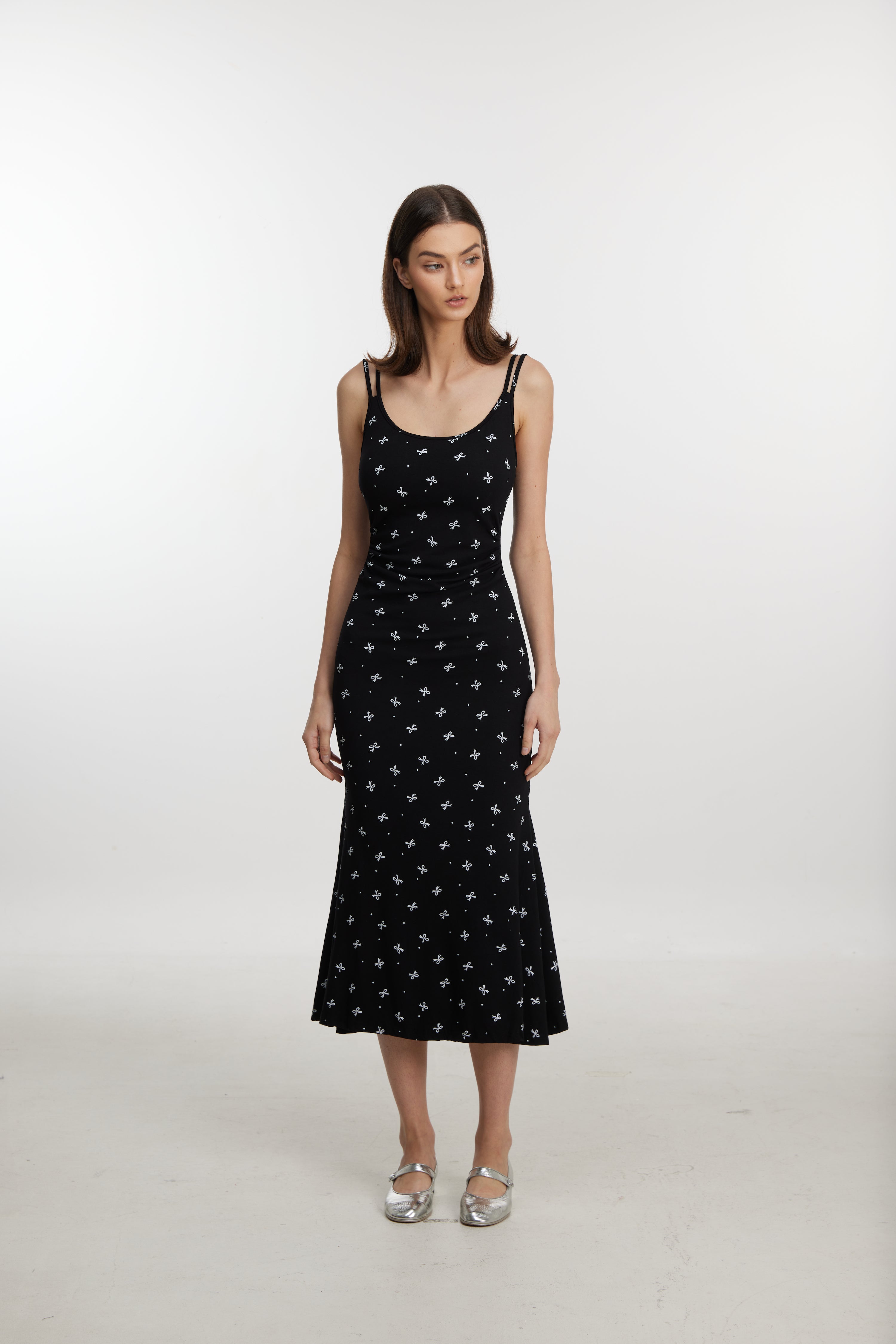 Bow Print Black Midi Dress