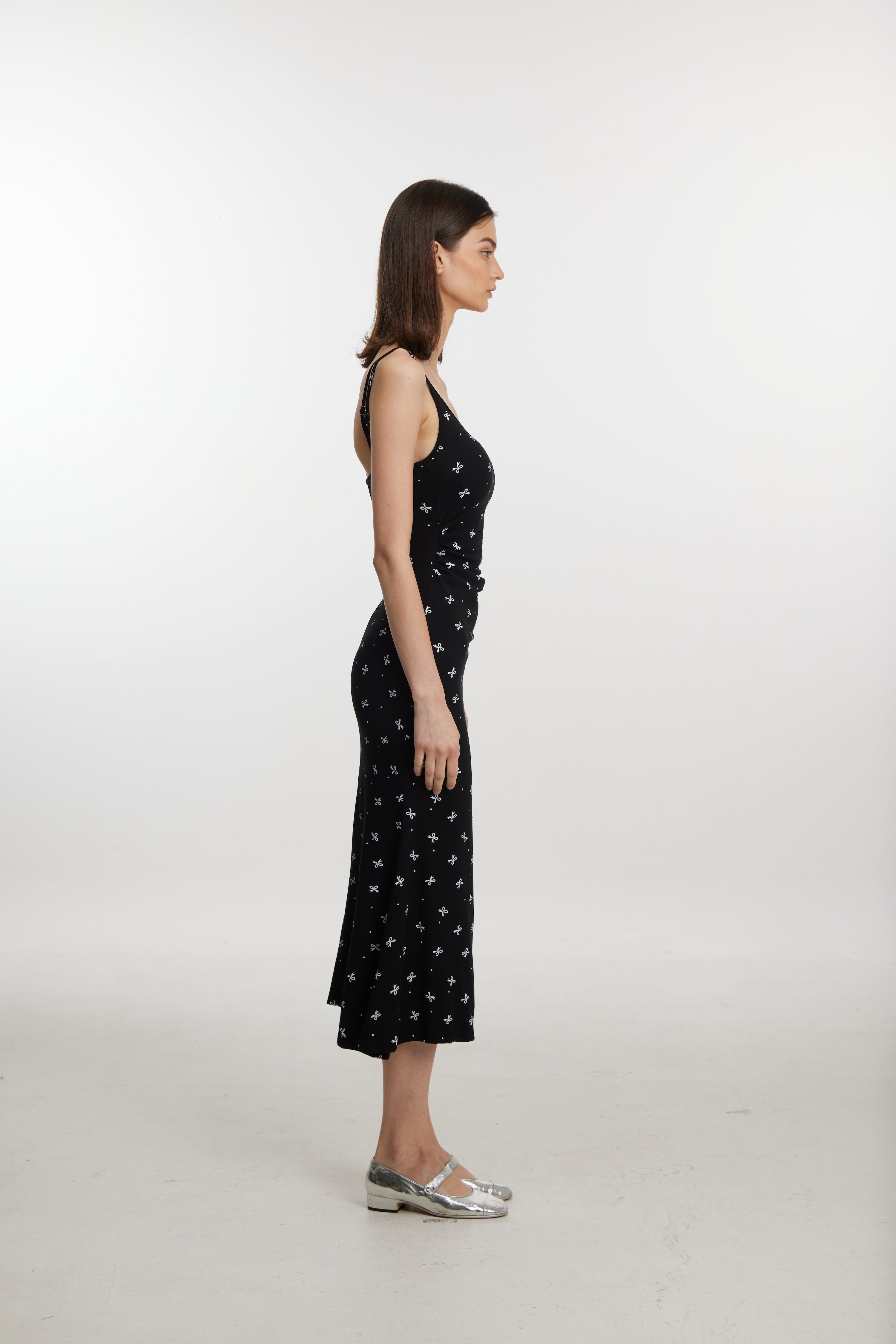 Bow Print Black Midi Dress