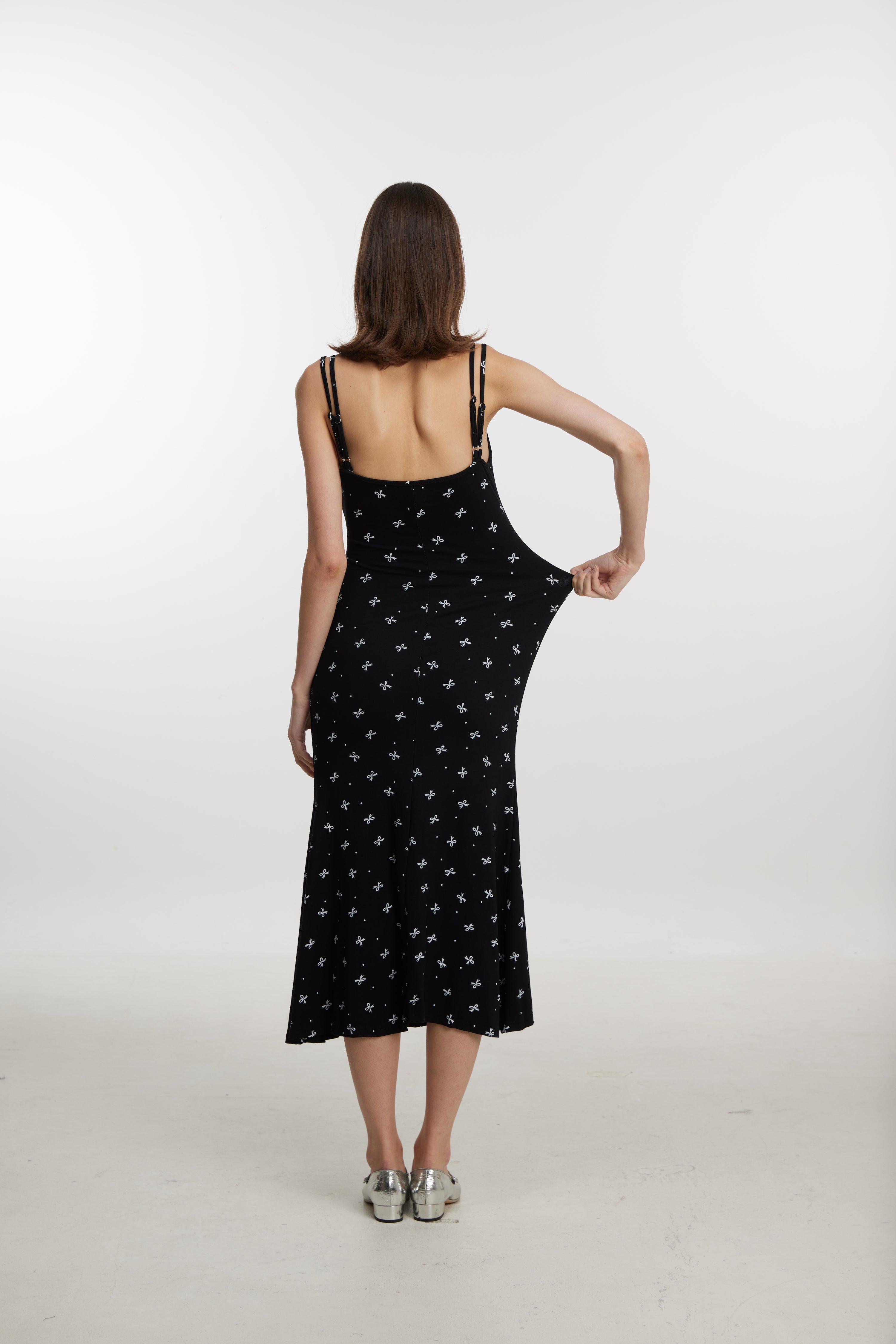 Bow Print Black Midi Dress