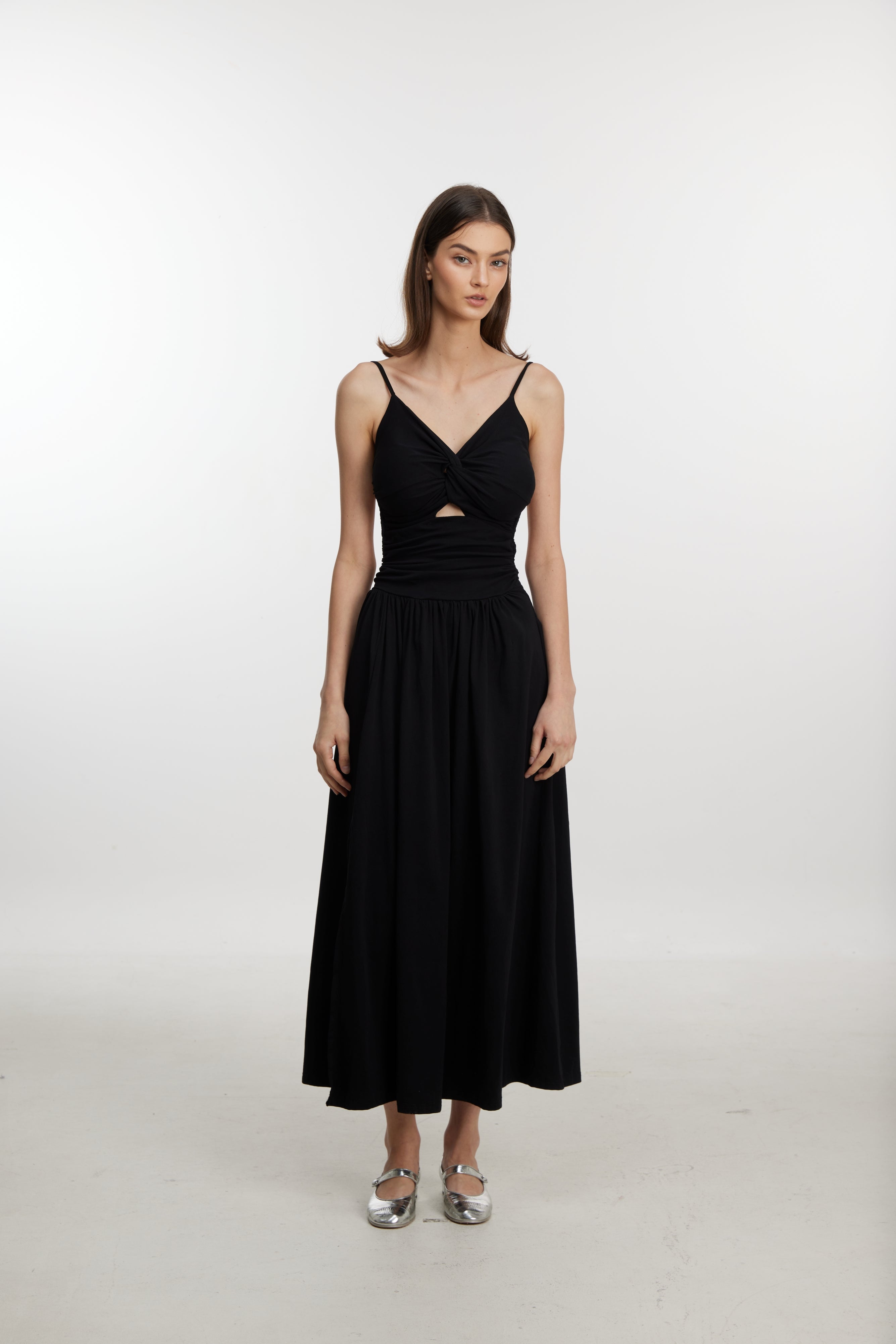 Cutout front black midi dress