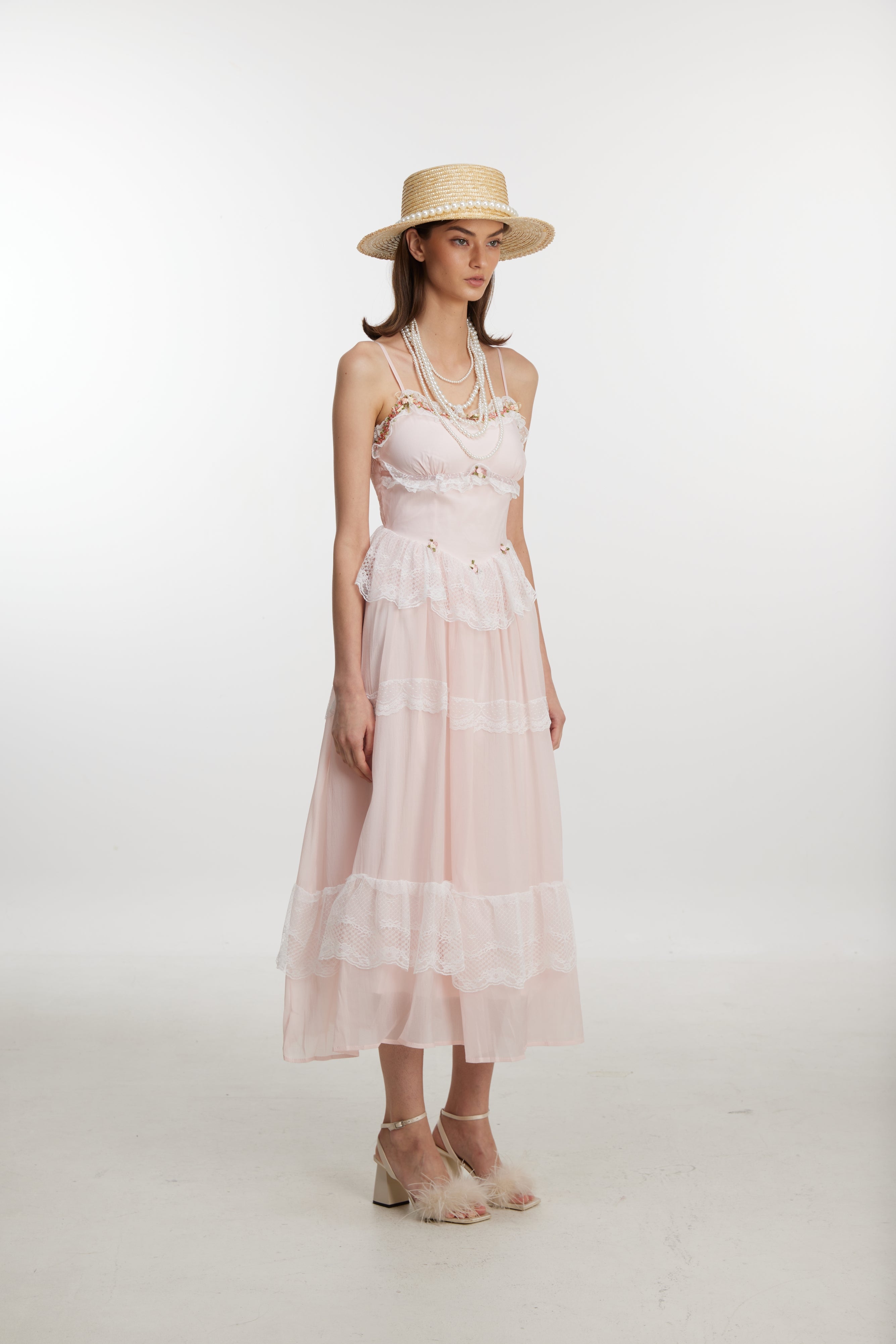 Elegant lace trim pink dress