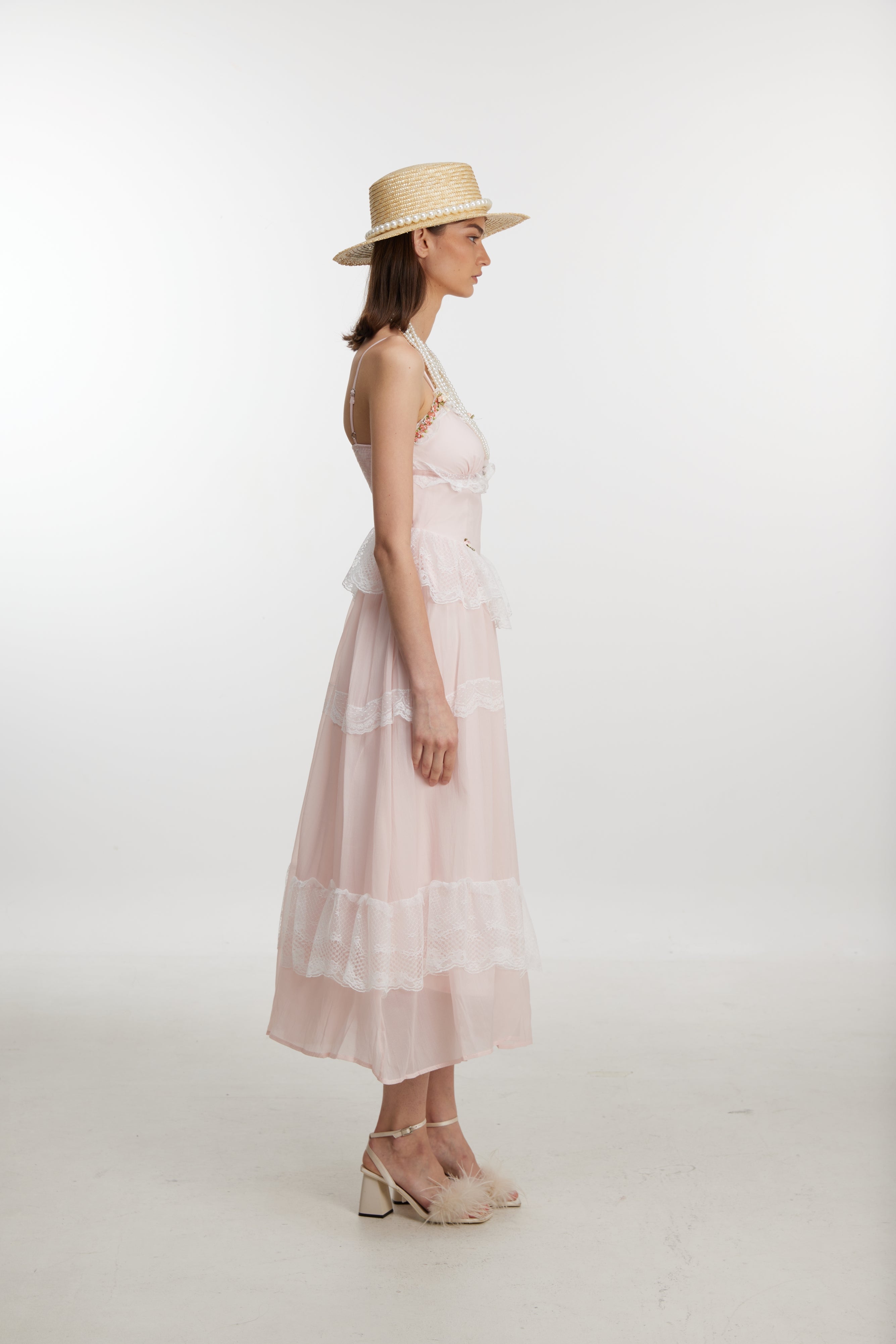 Elegant lace trim pink dress