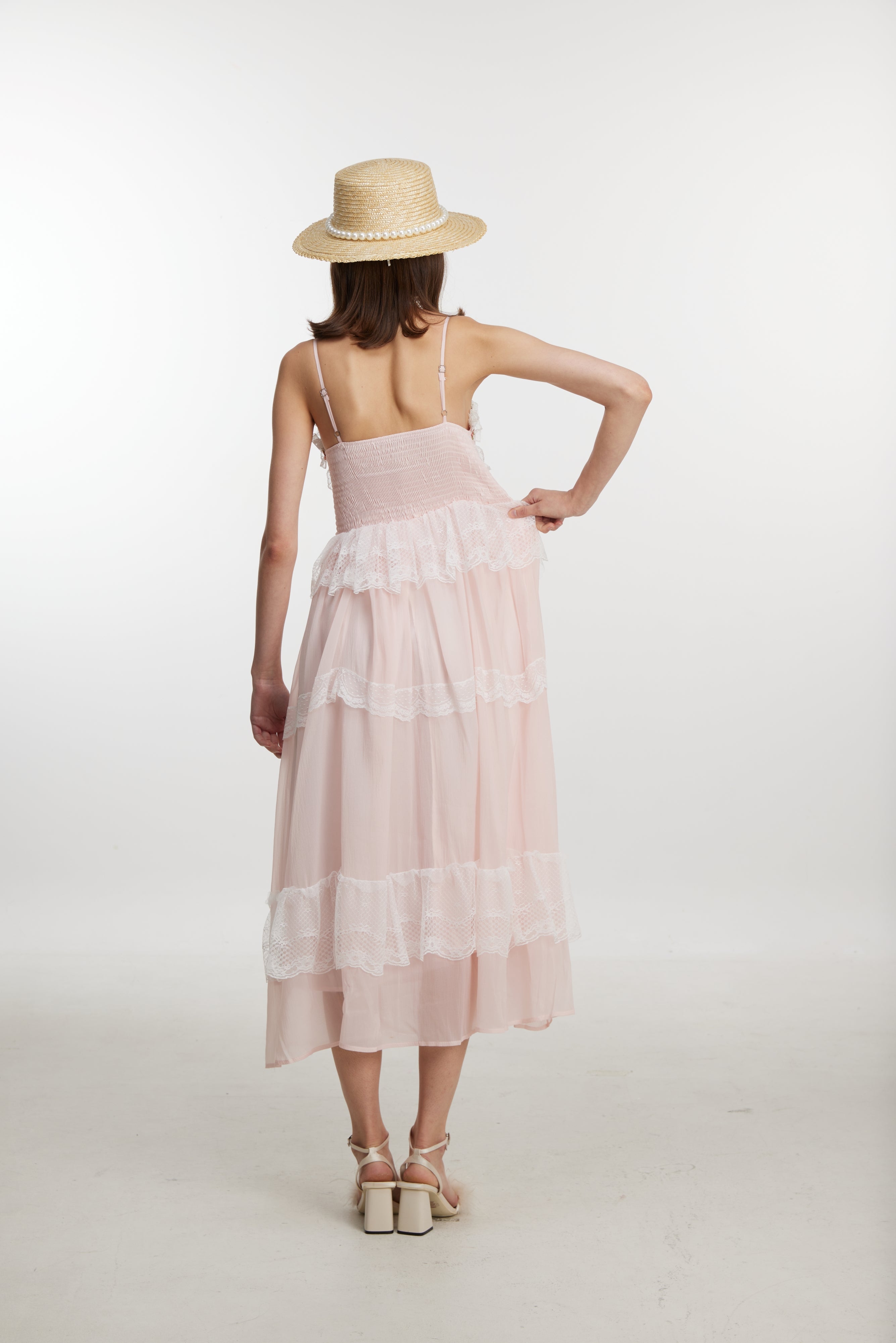 Elegant lace trim pink dress