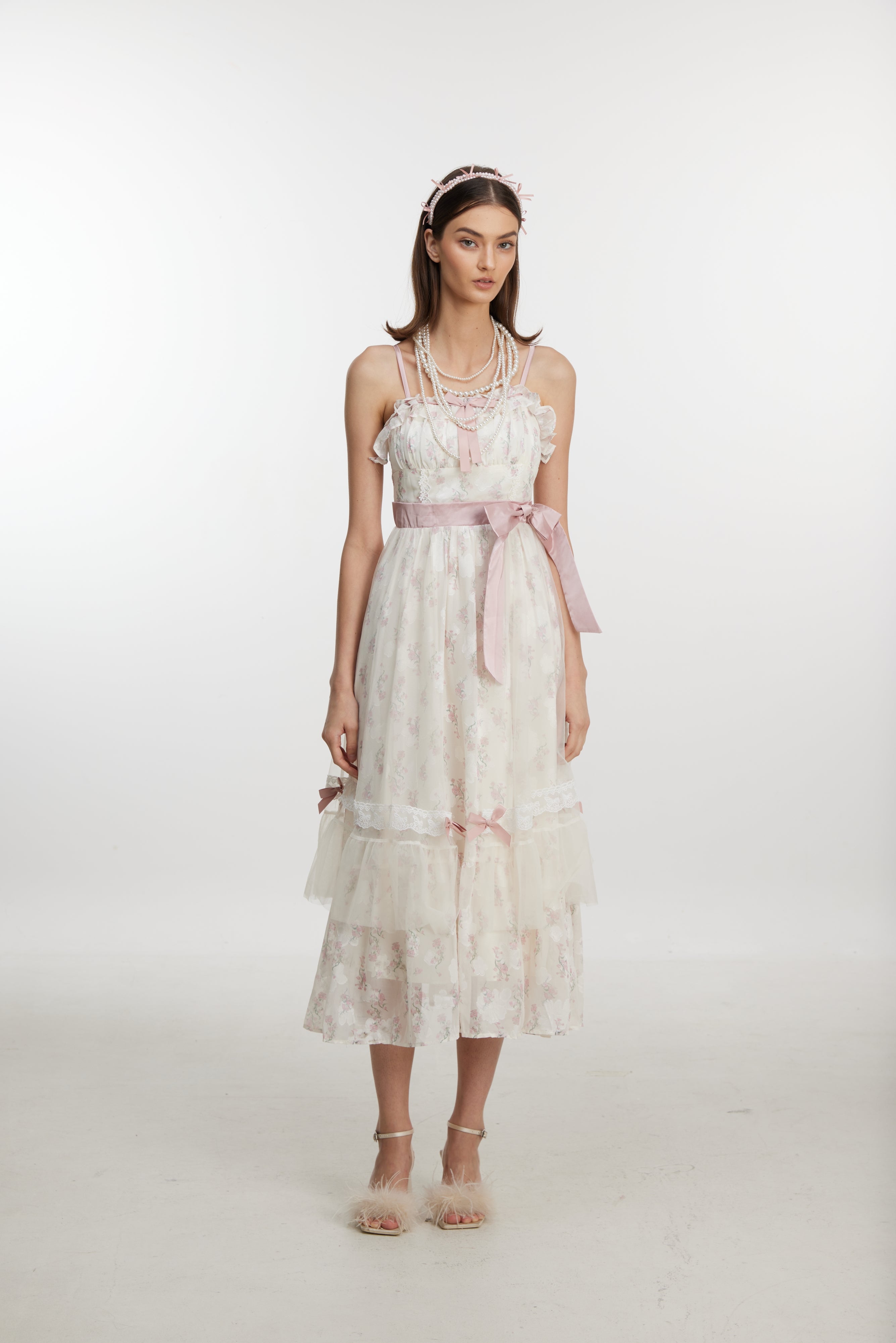 Floral pink and white patchwork dress