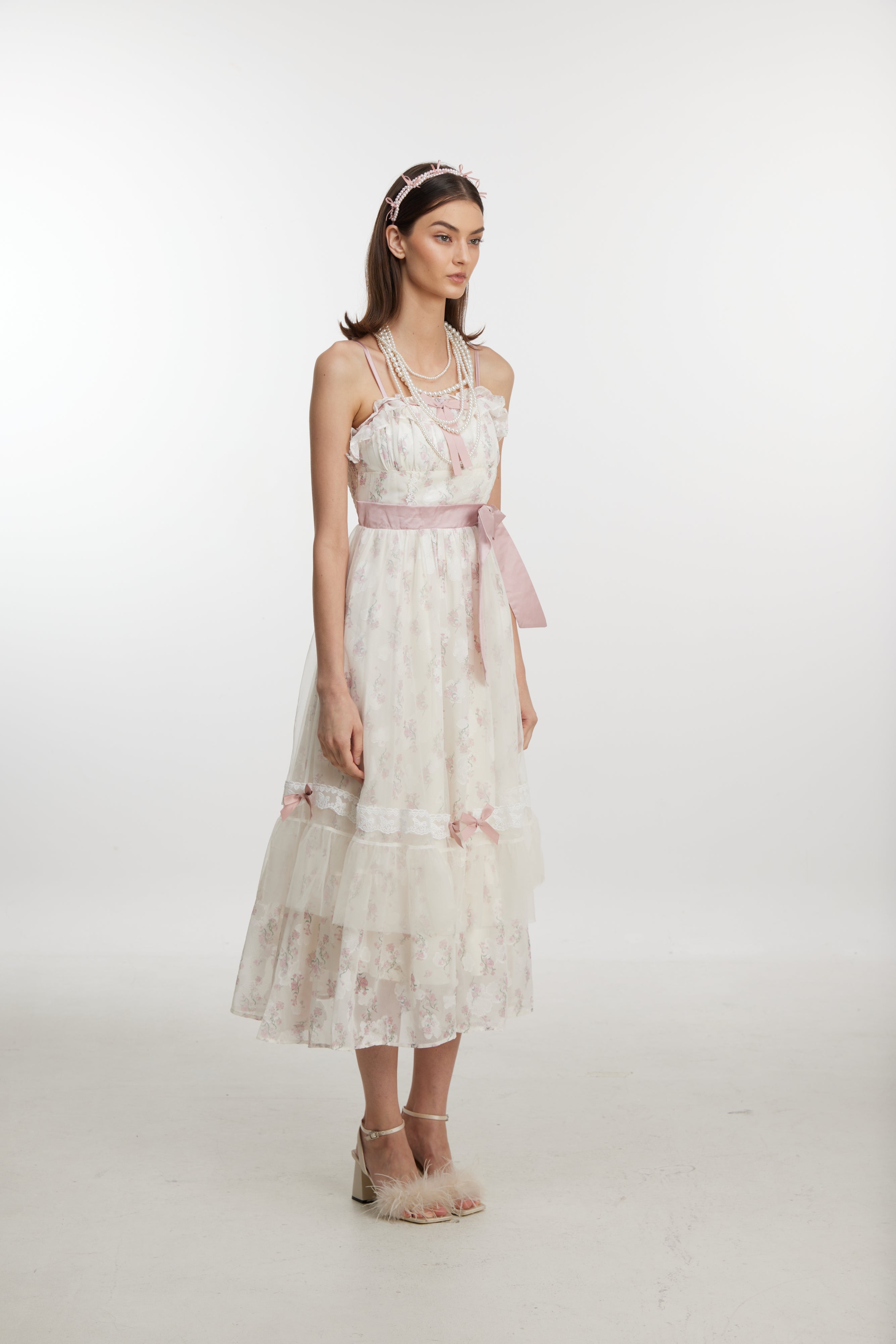 Floral pink and white patchwork dress