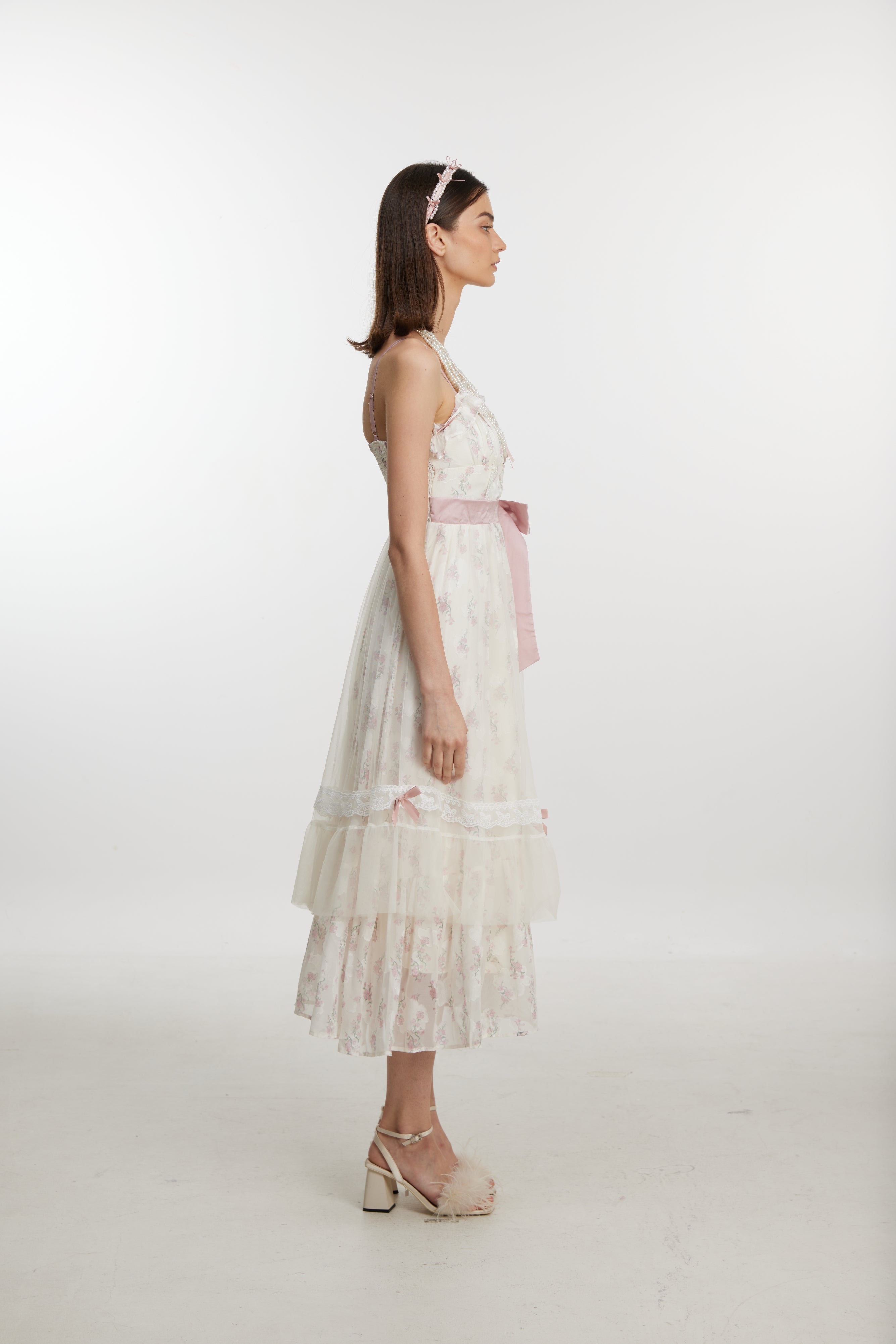 Floral pink and white patchwork dress