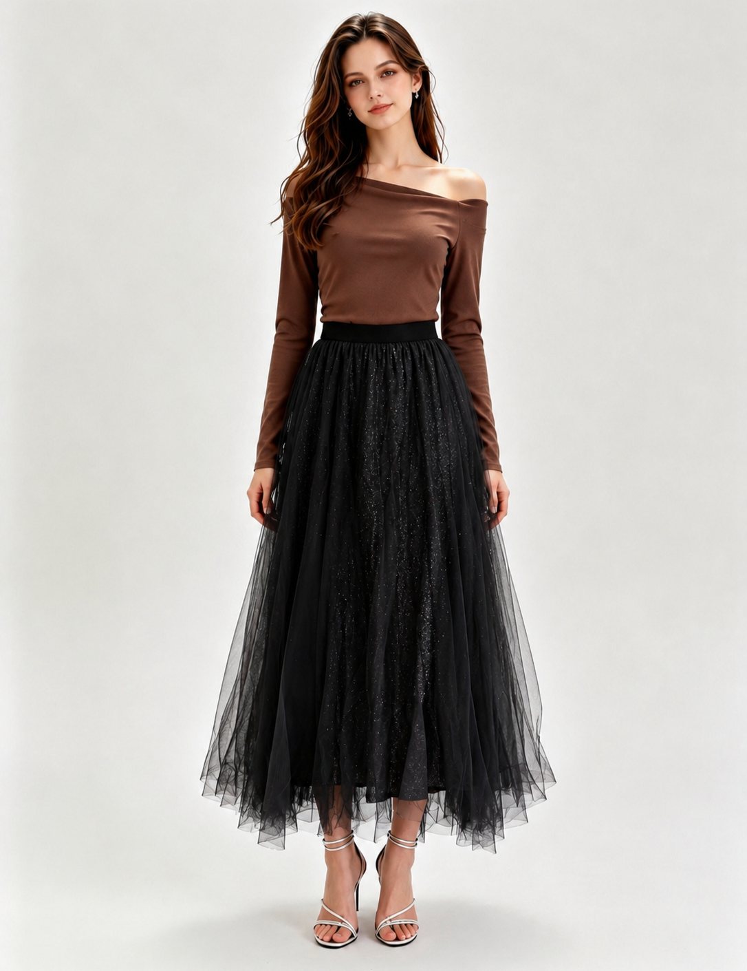 Glitter Mesh Tulle Midi Skirt with Elasticated Waistband