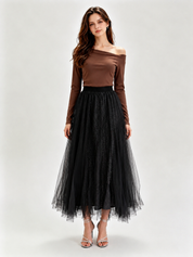 Glitter Mesh Tulle Midi Skirt with Elasticated Waistband