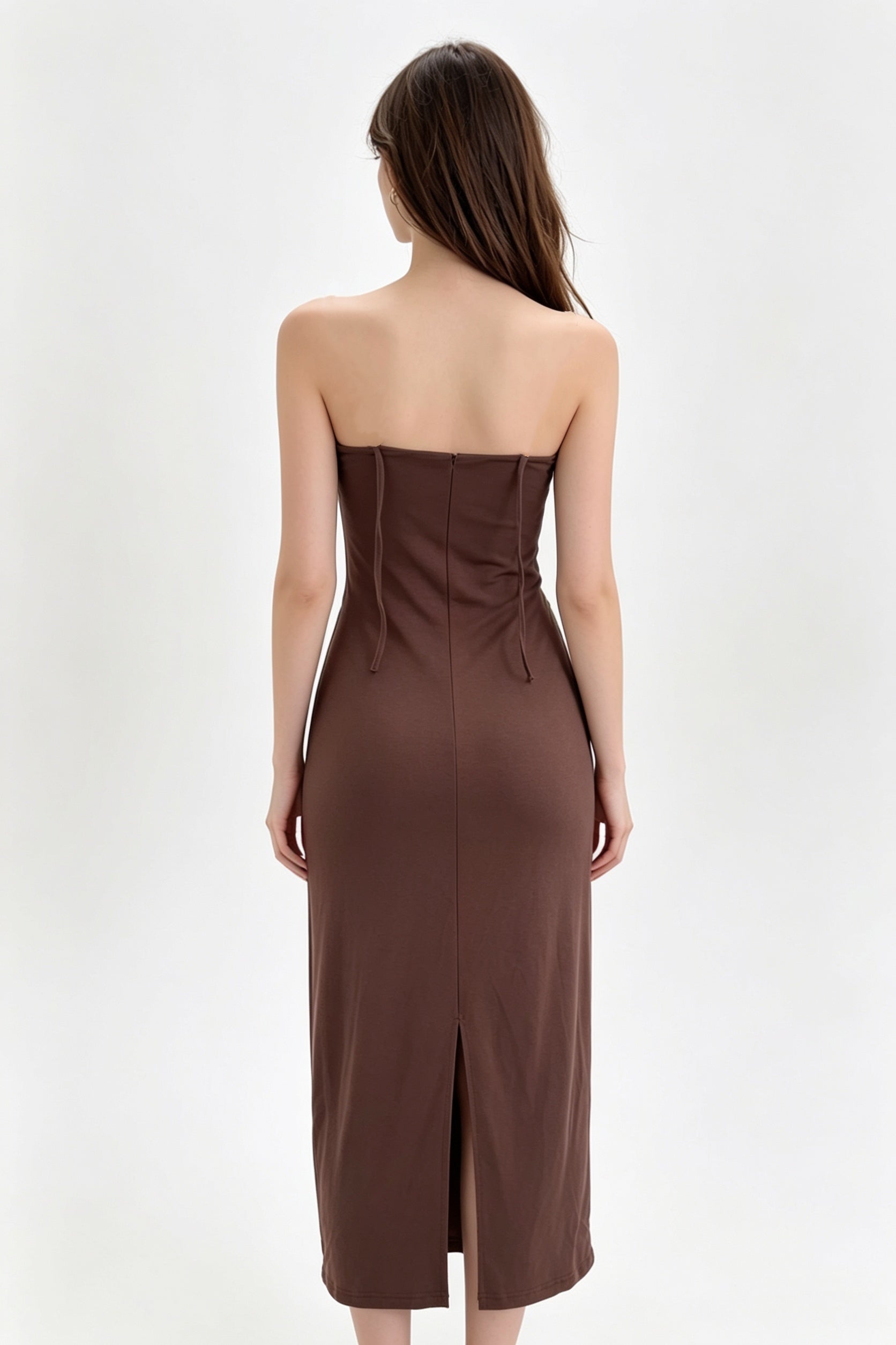Chocolate Strapless Draped Ruched Midi Dress