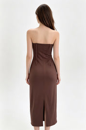 Chocolate Strapless Draped Ruched Midi Dress