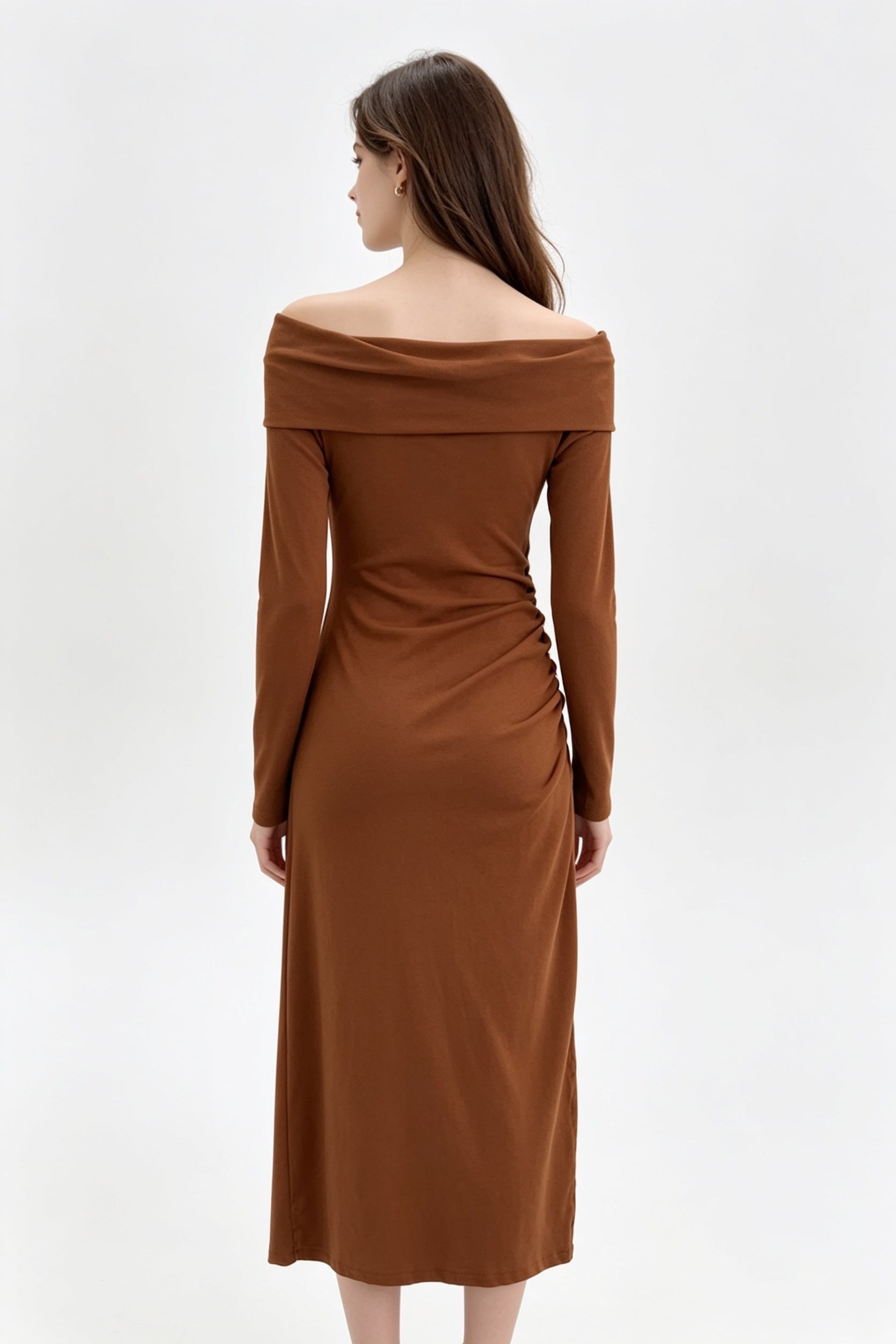 Cognac Off-Shoulder Ruched Midi Dress