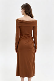 Cognac Off-Shoulder Ruched Midi Dress