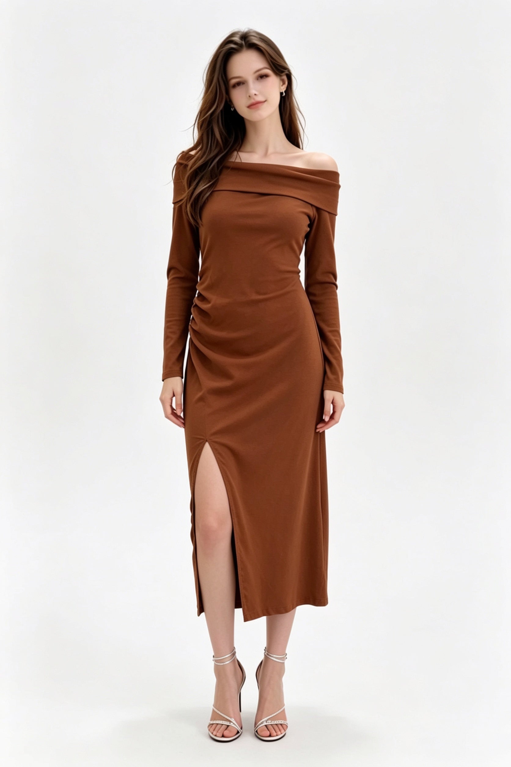 Cognac Off-Shoulder Ruched Midi Dress