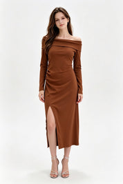 Cognac Off-Shoulder Ruched Midi Dress