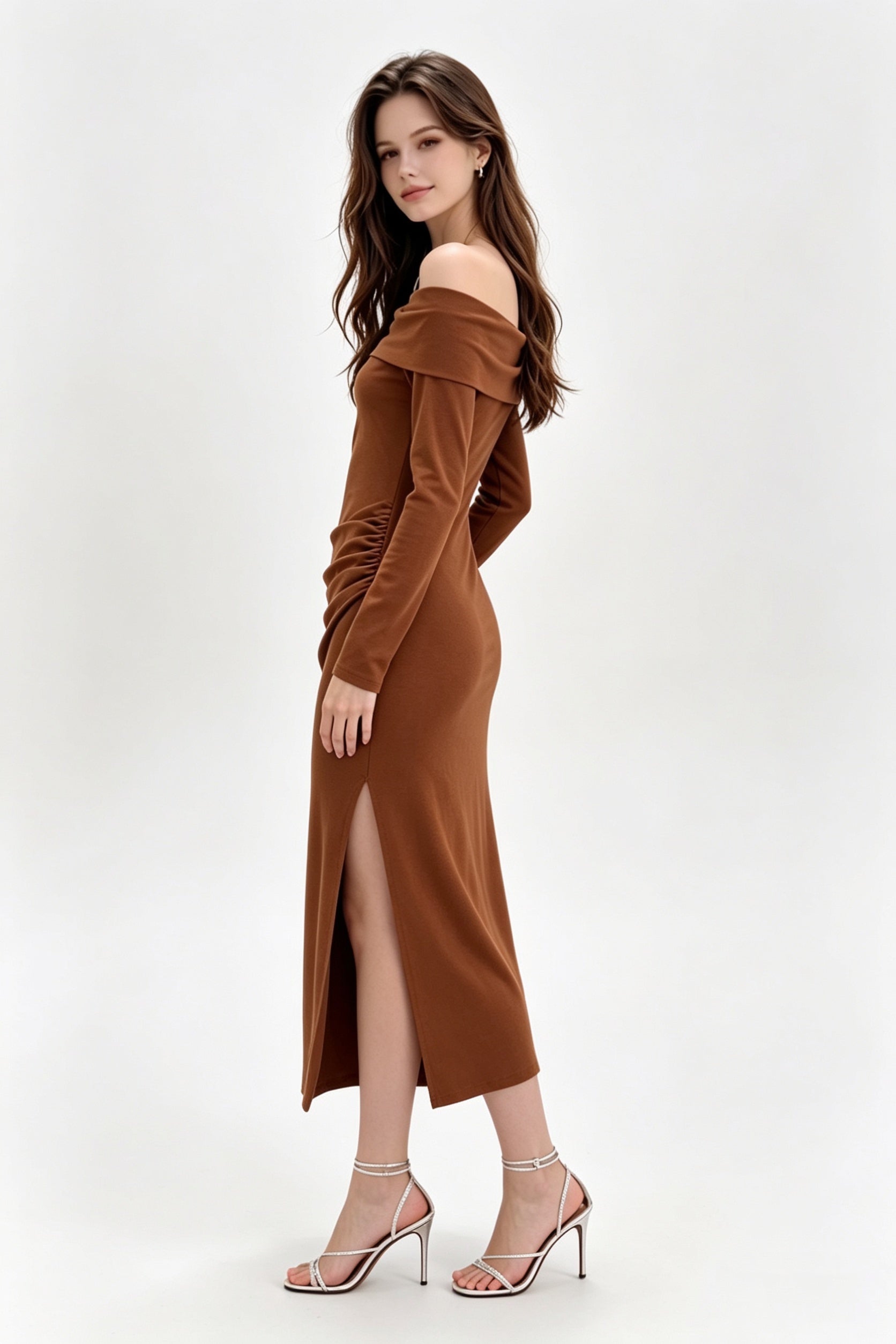 Cognac Off-Shoulder Ruched Midi Dress
