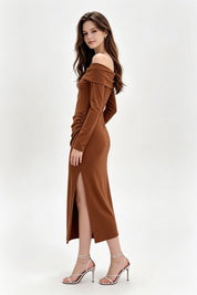 Cognac Off-Shoulder Ruched Midi Dress