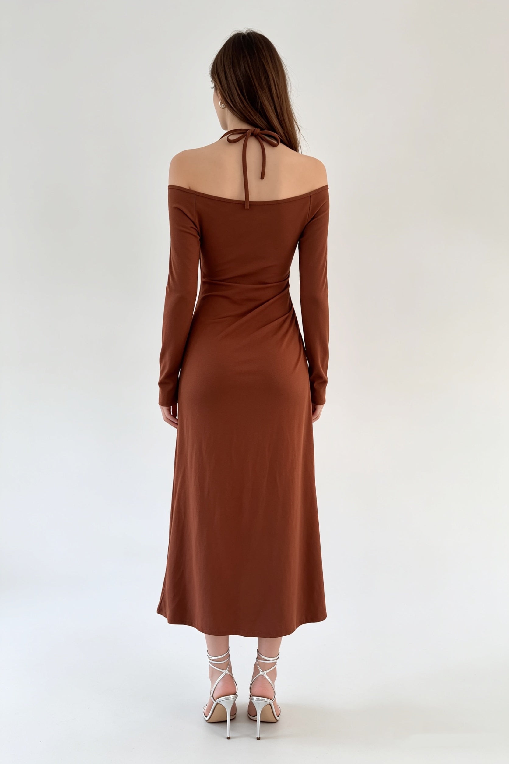 Cognac Halter Tie Off-Shoulder Ruched Midi Dress