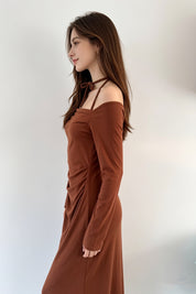 Cognac Halter Tie Off-Shoulder Ruched Midi Dress
