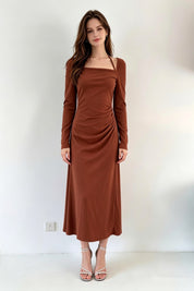 Cognac Halter Tie Off-Shoulder Ruched Midi Dress
