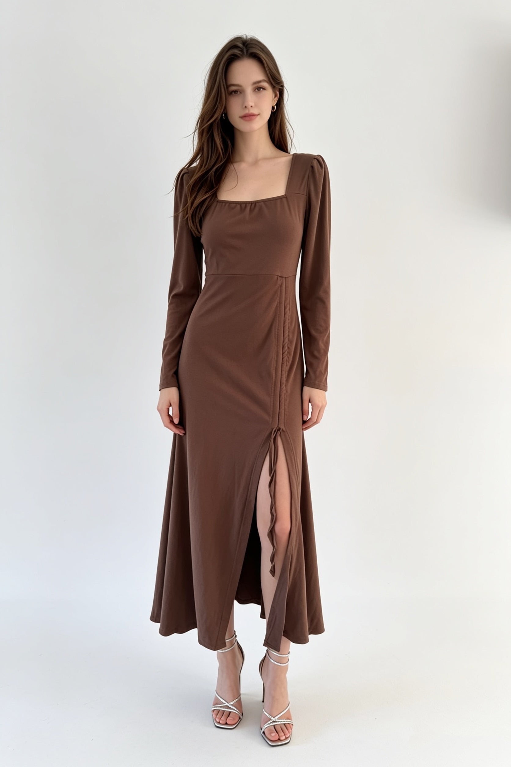 Chocolate Square Neck Drawstring Slit Midi Dress
