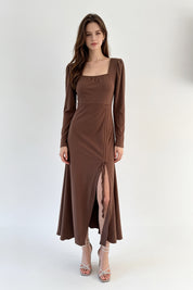 Chocolate Square Neck Drawstring Slit Midi Dress