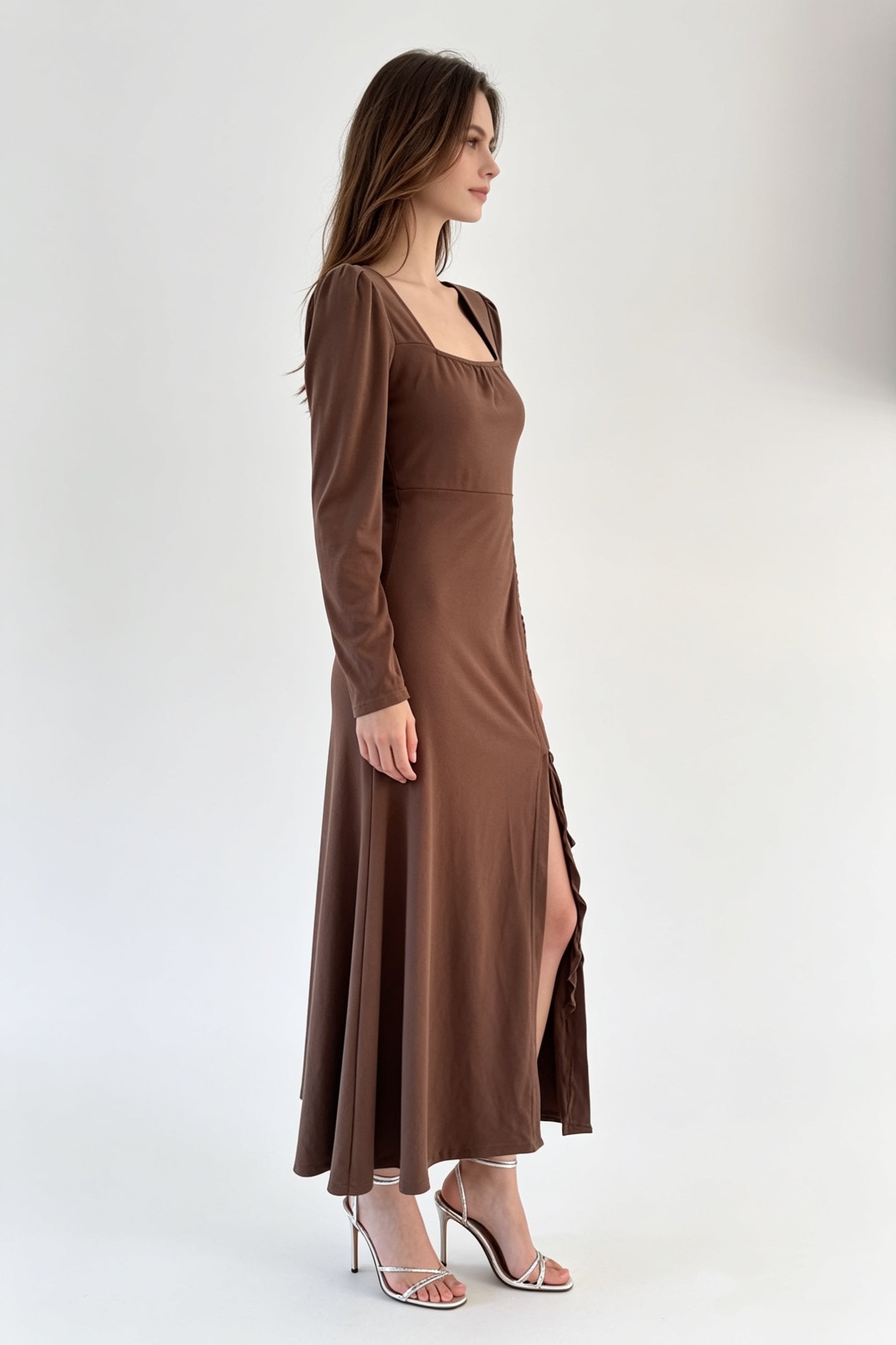 Chocolate Square Neck Drawstring Slit Midi Dress