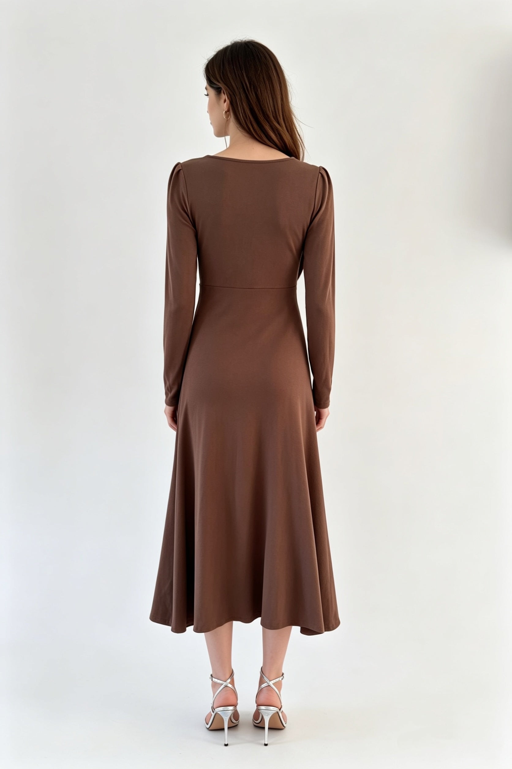 Chocolate Square Neck Drawstring Slit Midi Dress