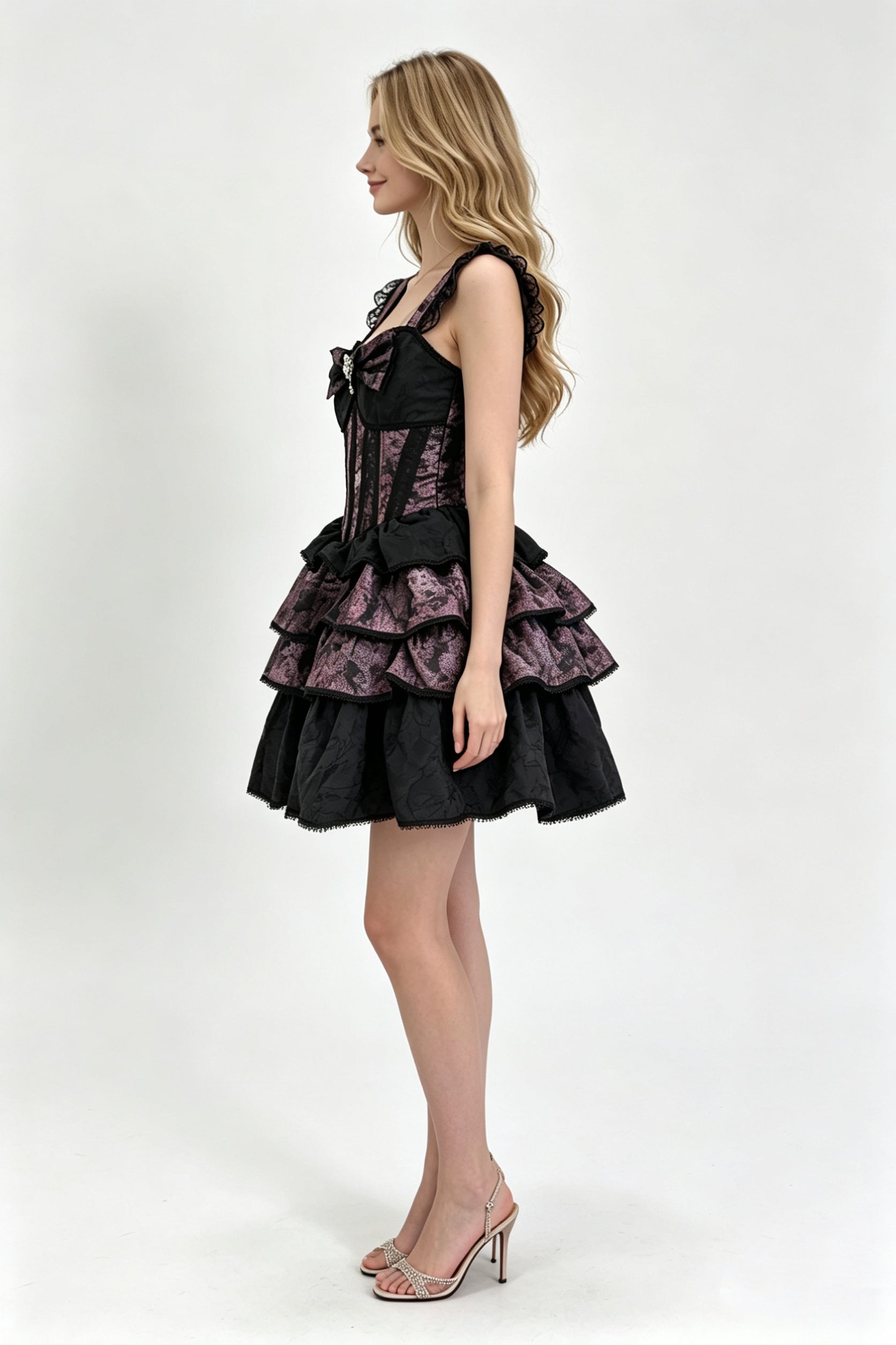 Black Mauve Jacquard Corset Bow Tiered Ruffle Mini Dress